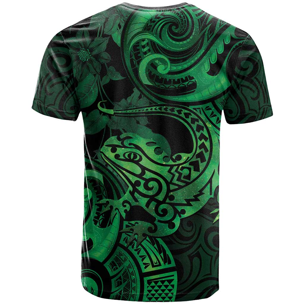 New Zealand Tuatara T Shirt Aotearoa Maori Clematis Flowers - Green LT14 - Polynesian Pride