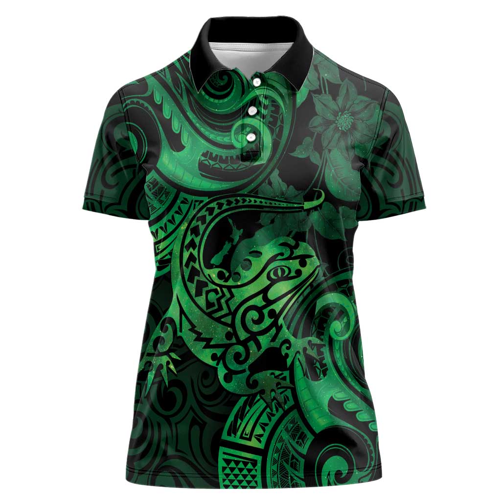 New Zealand Tuatara Women Polo Shirt Aotearoa Maori Clematis Flowers - Green LT14 Female Green - Polynesian Pride