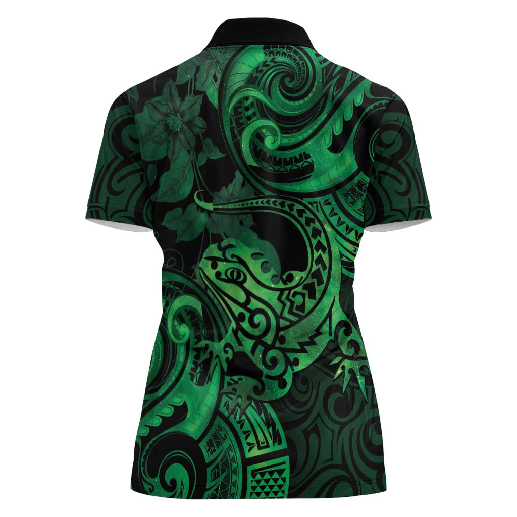 New Zealand Tuatara Women Polo Shirt Aotearoa Maori Clematis Flowers - Green LT14 - Polynesian Pride