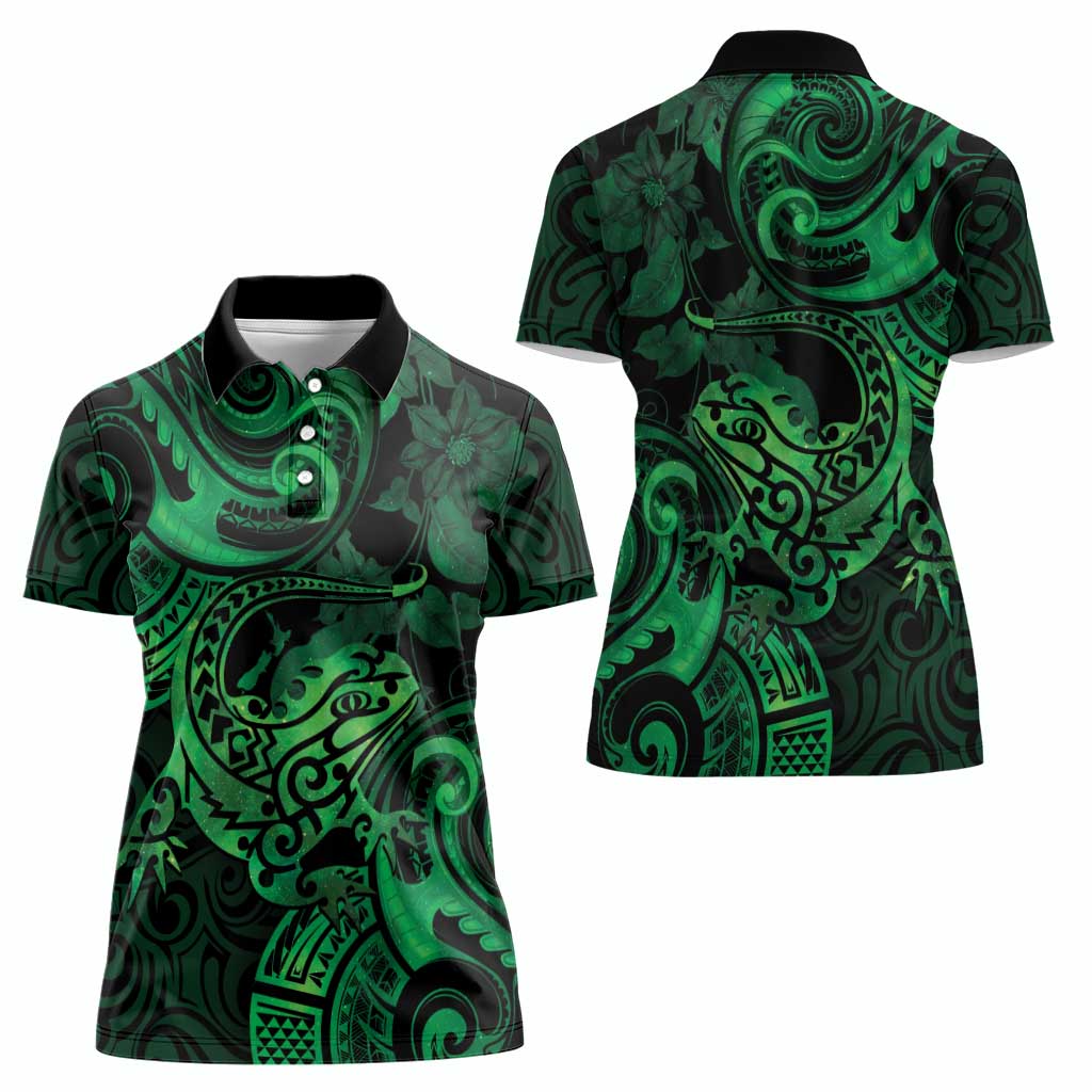 New Zealand Tuatara Women Polo Shirt Aotearoa Maori Clematis Flowers - Green LT14 - Polynesian Pride