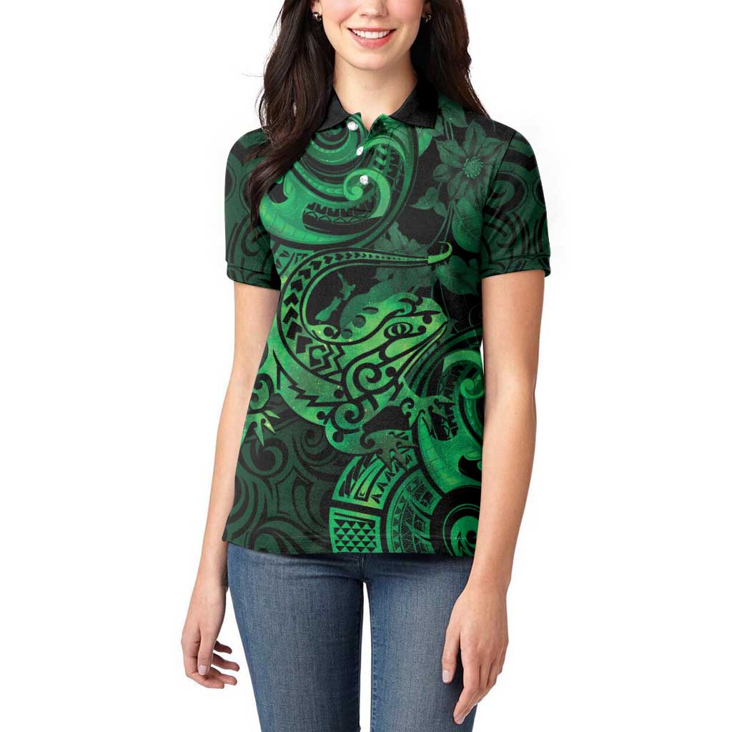 New Zealand Tuatara Women Polo Shirt Aotearoa Maori Clematis Flowers - Green LT14 - Polynesian Pride