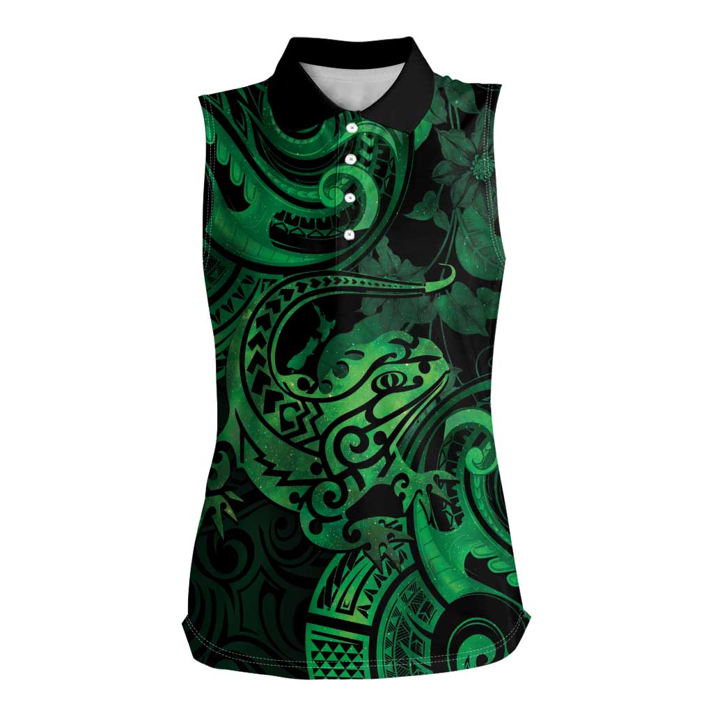 New Zealand Tuatara Women Sleeveless Polo Shirt Aotearoa Maori Clematis Flowers - Green LT14 Female Green - Polynesian Pride