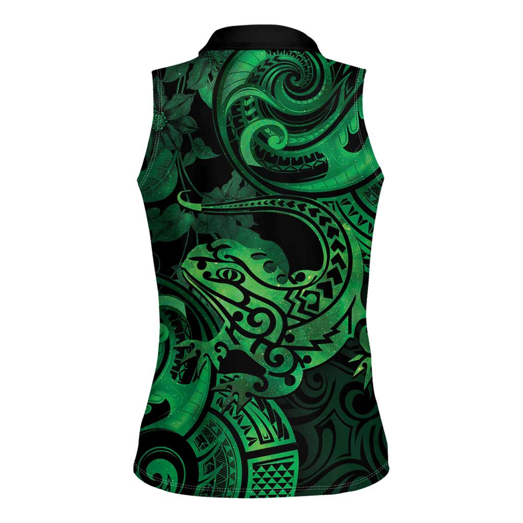 New Zealand Tuatara Women Sleeveless Polo Shirt Aotearoa Maori Clematis Flowers - Green LT14 - Polynesian Pride