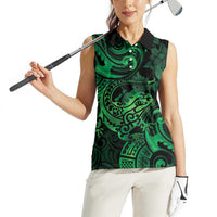 New Zealand Tuatara Women Sleeveless Polo Shirt Aotearoa Maori Clematis Flowers - Green LT14 - Polynesian Pride