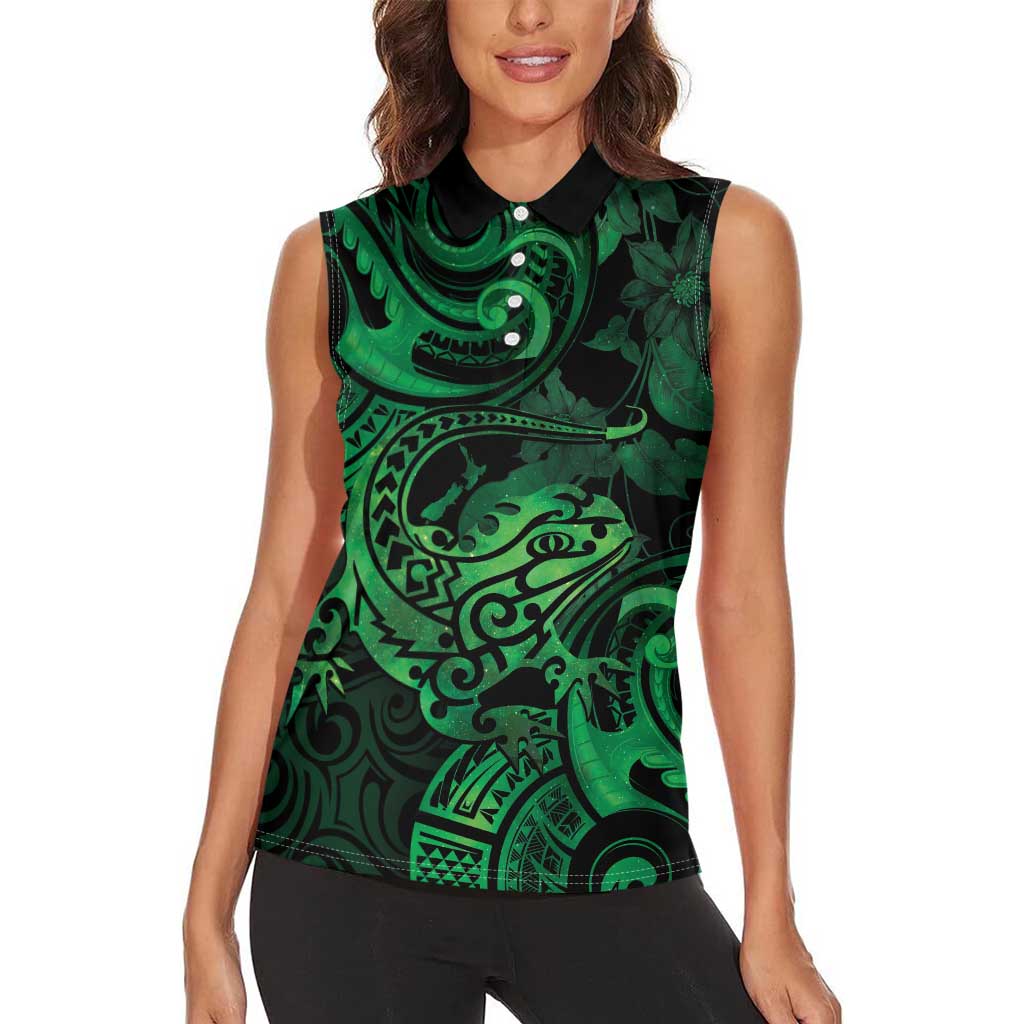 New Zealand Tuatara Women Sleeveless Polo Shirt Aotearoa Maori Clematis Flowers - Green LT14 - Polynesian Pride