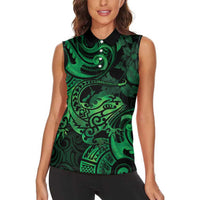 New Zealand Tuatara Women Sleeveless Polo Shirt Aotearoa Maori Clematis Flowers - Green LT14 - Polynesian Pride