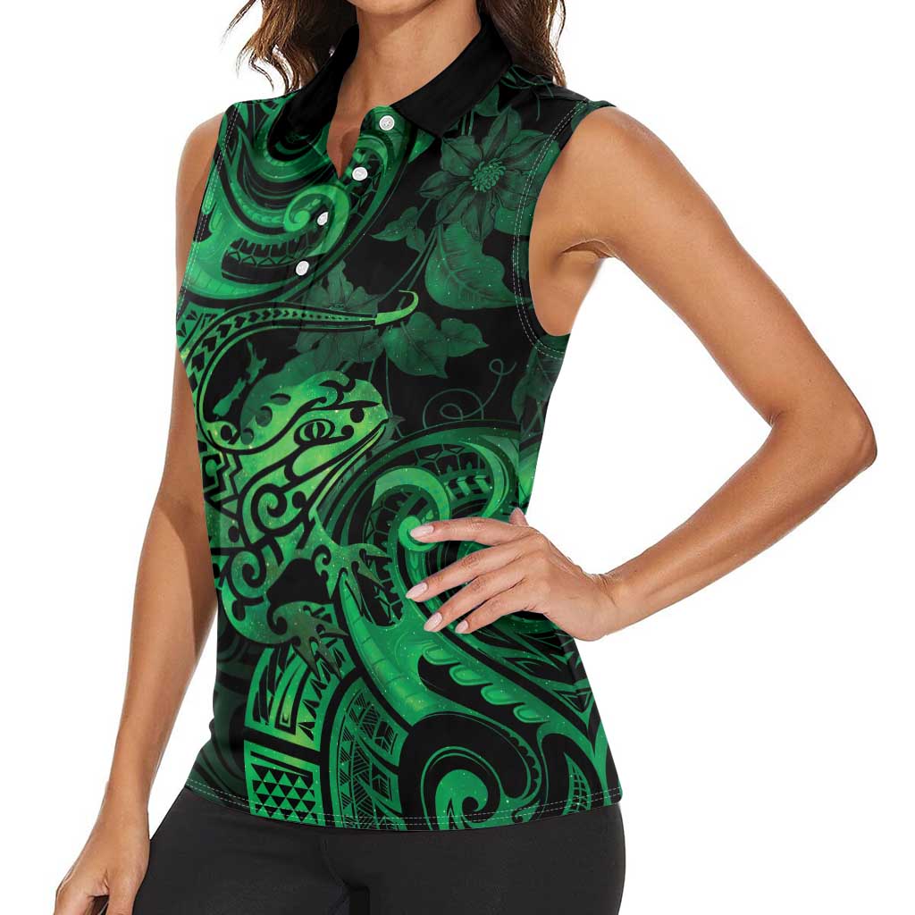 New Zealand Tuatara Women Sleeveless Polo Shirt Aotearoa Maori Clematis Flowers - Green LT14 - Polynesian Pride