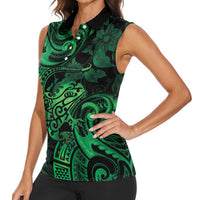 New Zealand Tuatara Women Sleeveless Polo Shirt Aotearoa Maori Clematis Flowers - Green LT14 - Polynesian Pride