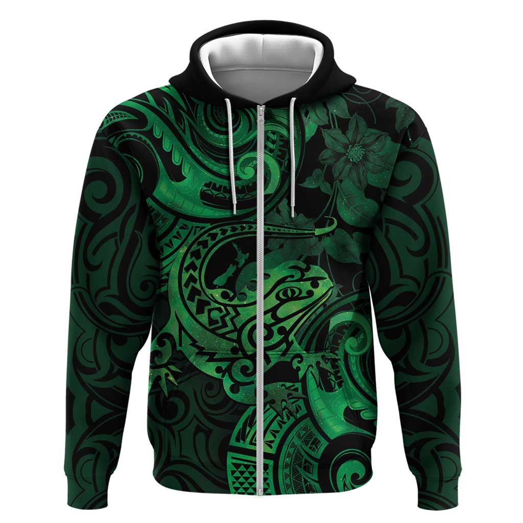 New Zealand Tuatara Zip Hoodie Aotearoa Maori Clematis Flowers - Green LT14 Zip Hoodie Green - Polynesian Pride