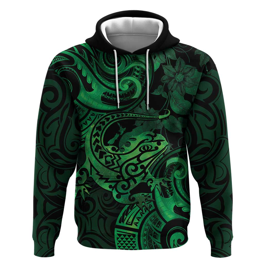 New Zealand Tuatara Zip Hoodie Aotearoa Maori Clematis Flowers - Green LT14 Pullover Hoodie Green - Polynesian Pride