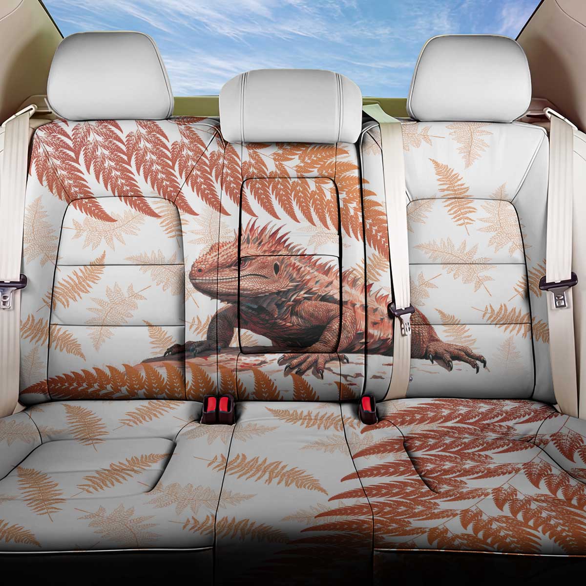 Red New Zealand Tuatara Back Car Seat Cover Aotearoa Sphenodon Punctatus Silver Fern LT14 One Size Red - Polynesian Pride