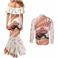 Red New Zealand Tuatara Couples Matching Mermaid Dress and Long Sleeve Button Shirt Aotearoa Sphenodon Punctatus Silver Fern LT14 - Polynesian Pride