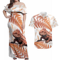 Red New Zealand Tuatara Couples Matching Off Shoulder Maxi Dress and Hawaiian Shirt Aotearoa Sphenodon Punctatus Silver Fern LT14 Red - Polynesian Pride