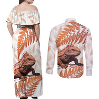 Red New Zealand Tuatara Couples Matching Off Shoulder Maxi Dress and Long Sleeve Button Shirt Aotearoa Sphenodon Punctatus Silver Fern LT14 - Polynesian Pride