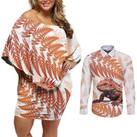 Red New Zealand Tuatara Couples Matching Off Shoulder Short Dress and Long Sleeve Button Shirt Aotearoa Sphenodon Punctatus Silver Fern LT14 Red - Polynesian Pride
