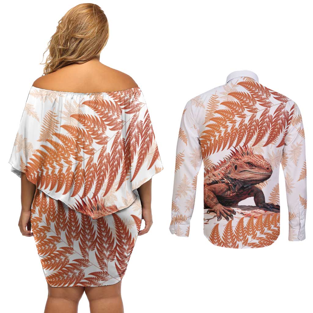 Red New Zealand Tuatara Couples Matching Off Shoulder Short Dress and Long Sleeve Button Shirt Aotearoa Sphenodon Punctatus Silver Fern LT14 - Polynesian Pride