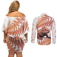 Red New Zealand Tuatara Couples Matching Off Shoulder Short Dress and Long Sleeve Button Shirt Aotearoa Sphenodon Punctatus Silver Fern LT14 - Polynesian Pride