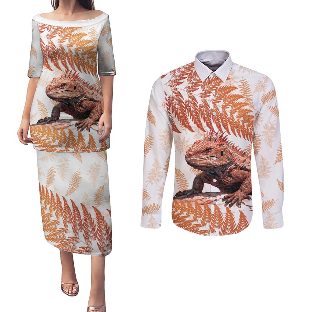 Red New Zealand Tuatara Couples Matching Puletasi and Long Sleeve Button Shirt Aotearoa Sphenodon Punctatus Silver Fern LT14 Red - Polynesian Pride