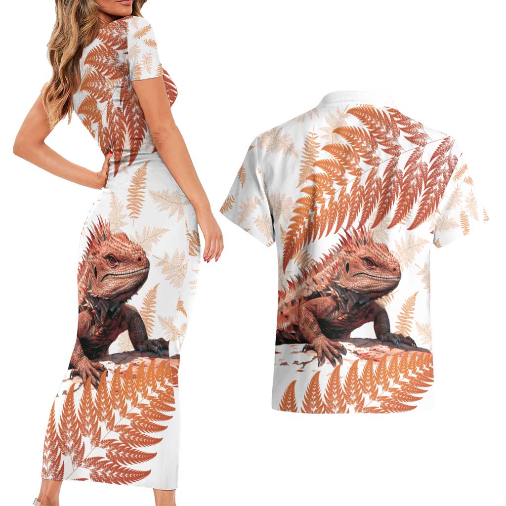 Red New Zealand Tuatara Couples Matching Short Sleeve Bodycon Dress and Hawaiian Shirt Aotearoa Sphenodon Punctatus Silver Fern LT14 - Polynesian Pride