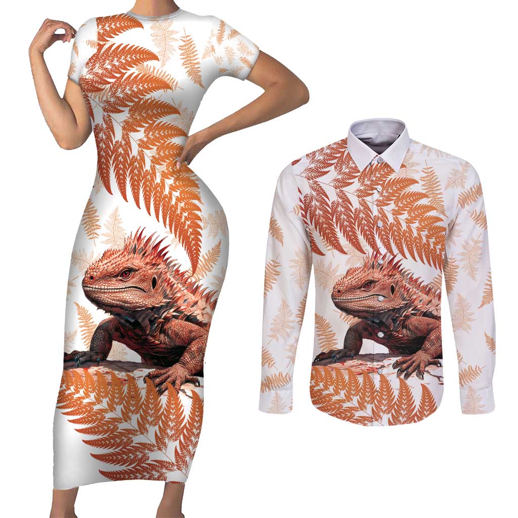 Red New Zealand Tuatara Couples Matching Short Sleeve Bodycon Dress and Long Sleeve Button Shirt Aotearoa Sphenodon Punctatus Silver Fern LT14 Red - Polynesian Pride