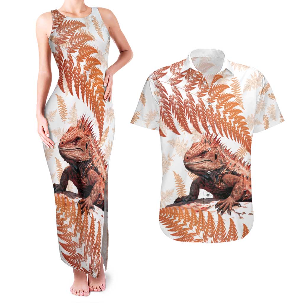 Red New Zealand Tuatara Couples Matching Tank Maxi Dress and Hawaiian Shirt Aotearoa Sphenodon Punctatus Silver Fern LT14 Red - Polynesian Pride