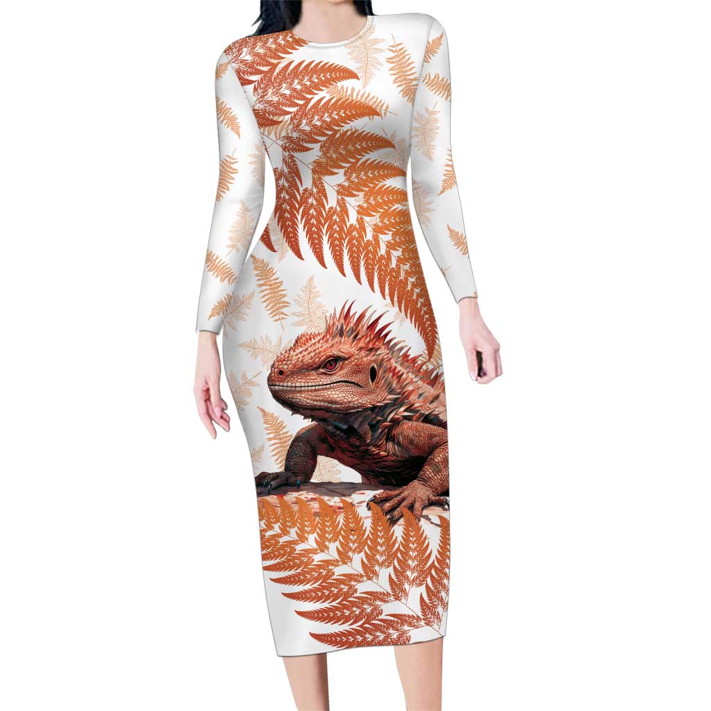 Red New Zealand Tuatara Family Matching Long Sleeve Bodycon Dress and Hawaiian Shirt Aotearoa Sphenodon Punctatus Silver Fern LT14 Mom's Dress Red - Polynesian Pride