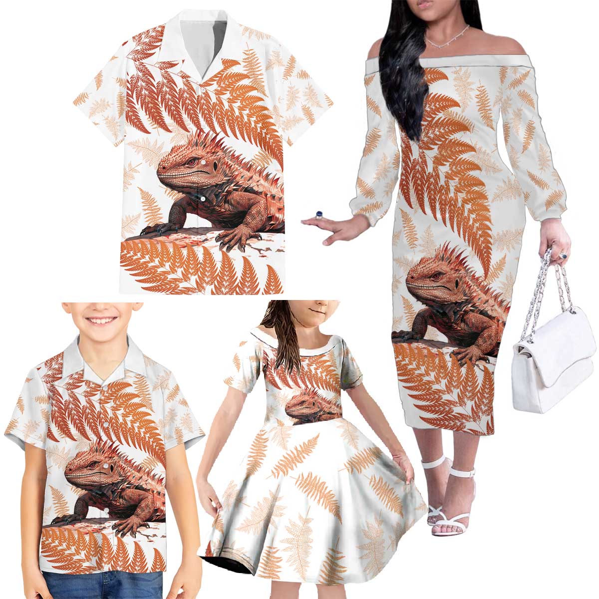 Red New Zealand Tuatara Family Matching Off The Shoulder Long Sleeve Dress and Hawaiian Shirt Aotearoa Sphenodon Punctatus Silver Fern LT14 - Polynesian Pride