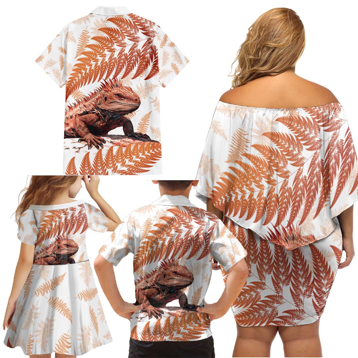 Red New Zealand Tuatara Family Matching Off Shoulder Short Dress and Hawaiian Shirt Aotearoa Sphenodon Punctatus Silver Fern LT14 - Polynesian Pride