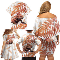 Red New Zealand Tuatara Family Matching Off Shoulder Short Dress and Hawaiian Shirt Aotearoa Sphenodon Punctatus Silver Fern LT14 - Polynesian Pride