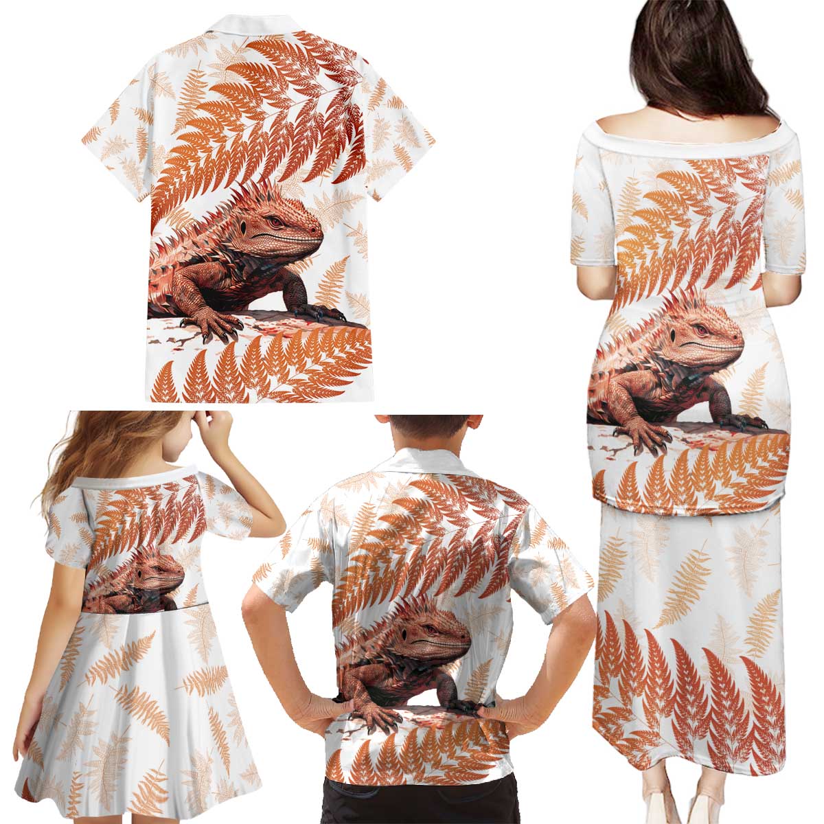 Red New Zealand Tuatara Family Matching Puletasi and Hawaiian Shirt Aotearoa Sphenodon Punctatus Silver Fern LT14 - Polynesian Pride