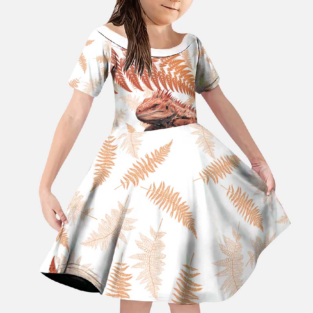 Red New Zealand Tuatara Family Matching Short Sleeve Bodycon Dress and Hawaiian Shirt Aotearoa Sphenodon Punctatus Silver Fern LT14 Daughter's Dress Red - Polynesian Pride