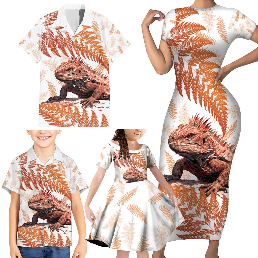 Red New Zealand Tuatara Family Matching Short Sleeve Bodycon Dress and Hawaiian Shirt Aotearoa Sphenodon Punctatus Silver Fern LT14 - Polynesian Pride