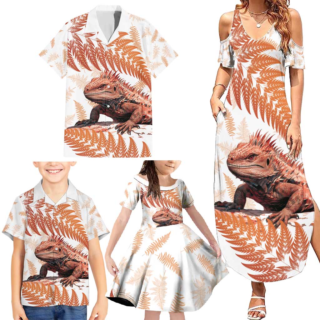 Red New Zealand Tuatara Family Matching Summer Maxi Dress and Hawaiian Shirt Aotearoa Sphenodon Punctatus Silver Fern LT14 - Polynesian Pride