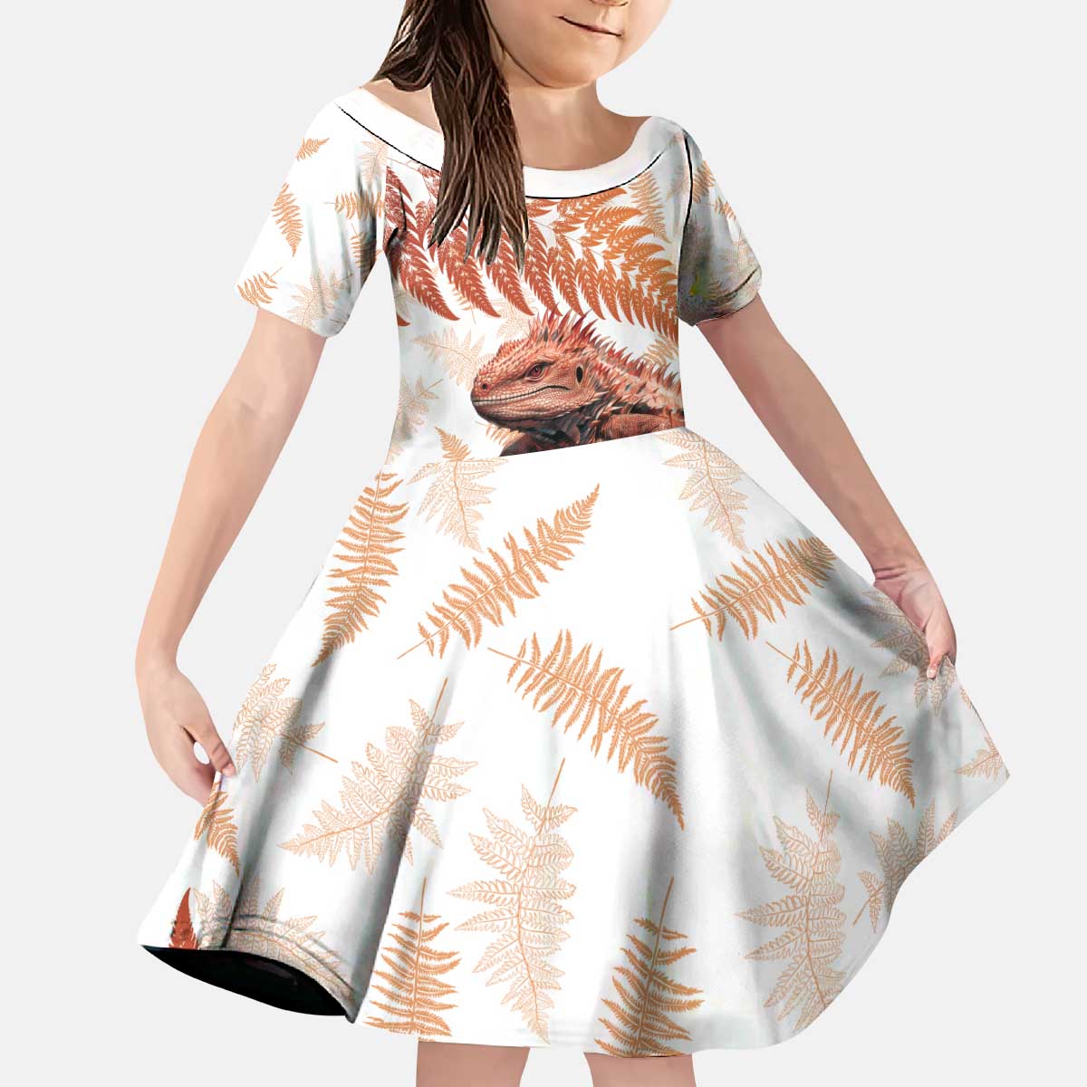 Red New Zealand Tuatara Kid Short Sleeve Dress Aotearoa Sphenodon Punctatus Silver Fern LT14 KID Red - Polynesian Pride