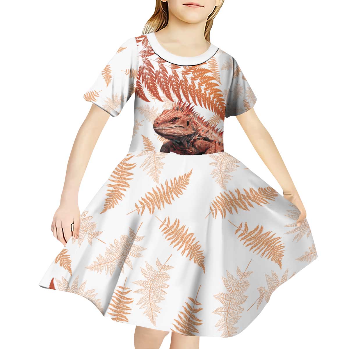 Red New Zealand Tuatara Kid Short Sleeve Dress Aotearoa Sphenodon Punctatus Silver Fern LT14 - Polynesian Pride