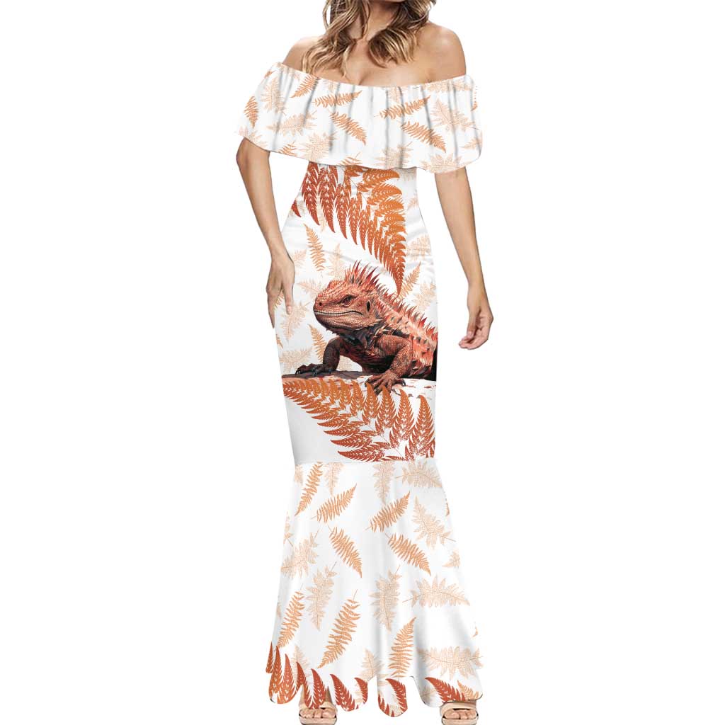 Red New Zealand Tuatara Mermaid Dress Aotearoa Sphenodon Punctatus Silver Fern LT14 - Polynesian Pride