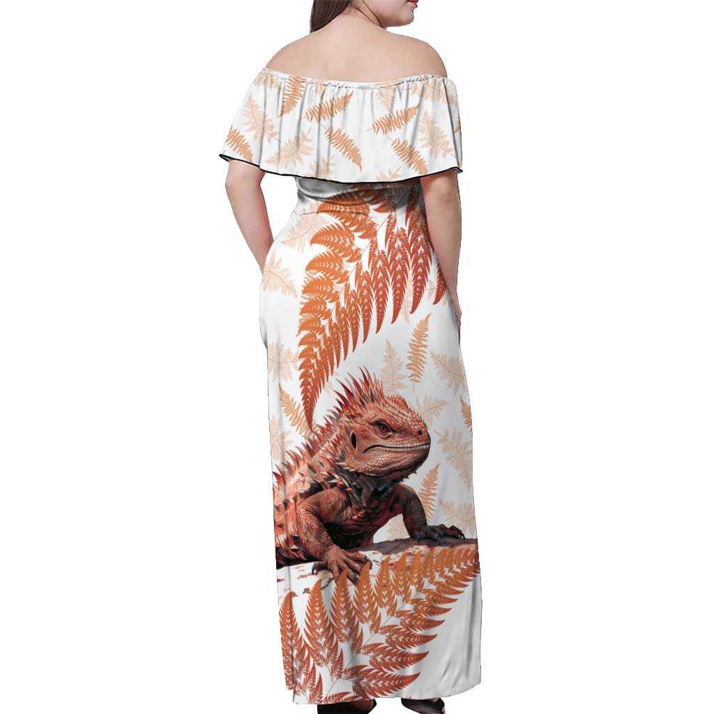Red New Zealand Tuatara Off Shoulder Maxi Dress Aotearoa Sphenodon Punctatus Silver Fern LT14 - Polynesian Pride