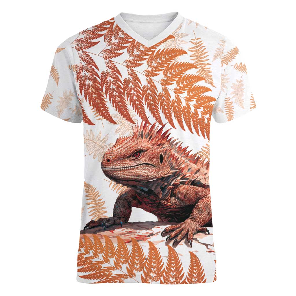 Red New Zealand Tuatara Women V-Neck T-Shirt Aotearoa Sphenodon Punctatus Silver Fern LT14 Female Red - Polynesian Pride