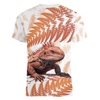 Red New Zealand Tuatara Women V-Neck T-Shirt Aotearoa Sphenodon Punctatus Silver Fern LT14 - Polynesian Pride