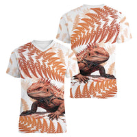 Red New Zealand Tuatara Women V-Neck T-Shirt Aotearoa Sphenodon Punctatus Silver Fern LT14 - Polynesian Pride