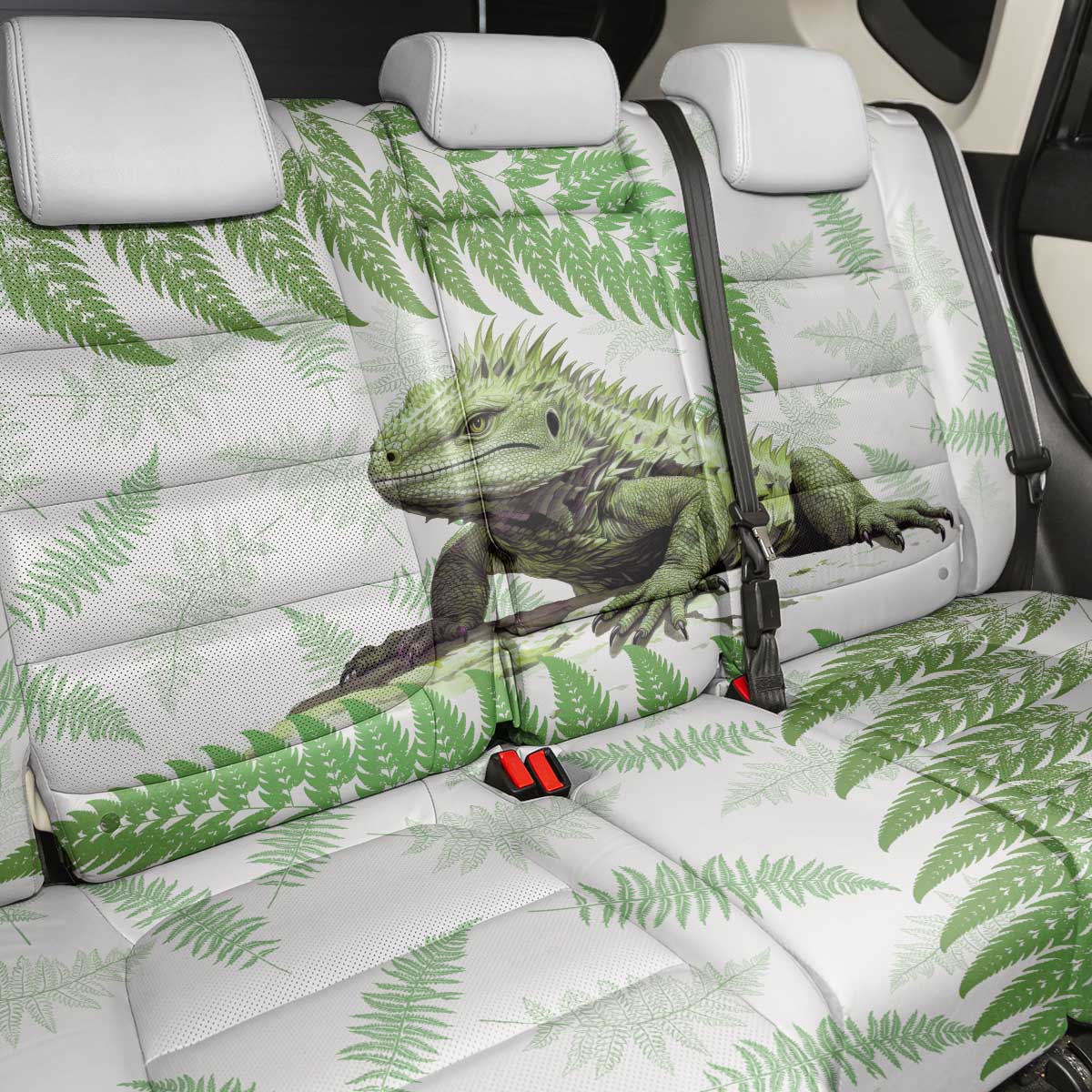 Green New Zealand Tuatara Back Car Seat Cover Aotearoa Sphenodon Punctatus Silver Fern LT14 - Polynesian Pride