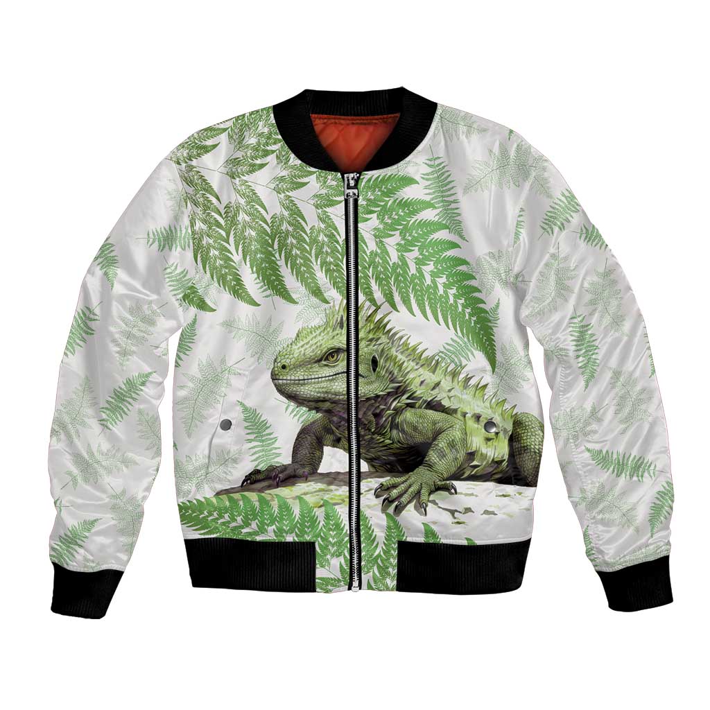 Green New Zealand Tuatara Bomber Jacket Aotearoa Sphenodon Punctatus Silver Fern LT14 Unisex Green - Polynesian Pride
