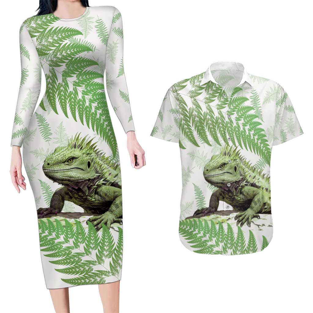 Green New Zealand Tuatara Couples Matching Long Sleeve Bodycon Dress and Hawaiian Shirt Aotearoa Sphenodon Punctatus Silver Fern LT14 Green - Polynesian Pride