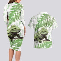 Green New Zealand Tuatara Couples Matching Long Sleeve Bodycon Dress and Hawaiian Shirt Aotearoa Sphenodon Punctatus Silver Fern LT14 - Polynesian Pride