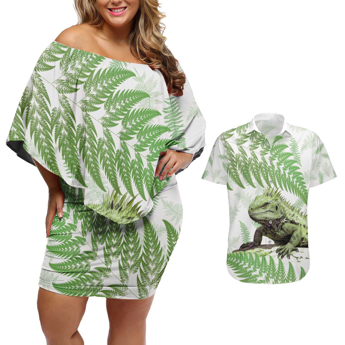 Green New Zealand Tuatara Couples Matching Off Shoulder Short Dress and Hawaiian Shirt Aotearoa Sphenodon Punctatus Silver Fern LT14 Green - Polynesian Pride