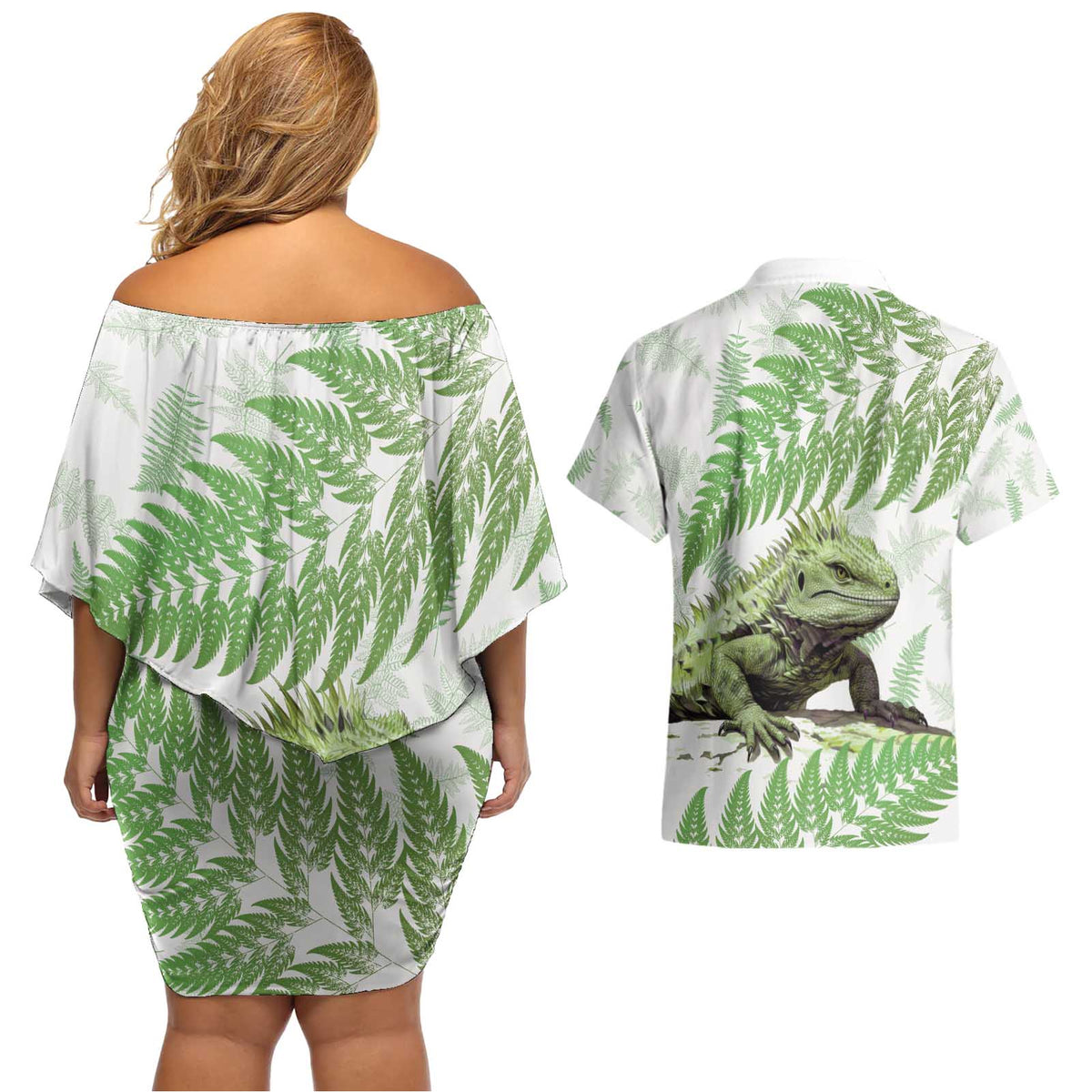 Green New Zealand Tuatara Couples Matching Off Shoulder Short Dress and Hawaiian Shirt Aotearoa Sphenodon Punctatus Silver Fern LT14 - Polynesian Pride