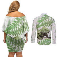 Green New Zealand Tuatara Couples Matching Off Shoulder Short Dress and Long Sleeve Button Shirt Aotearoa Sphenodon Punctatus Silver Fern LT14 - Polynesian Pride