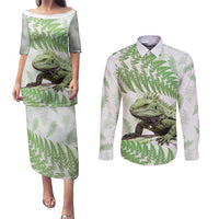 Green New Zealand Tuatara Couples Matching Puletasi and Long Sleeve Button Shirt Aotearoa Sphenodon Punctatus Silver Fern LT14 Green - Polynesian Pride