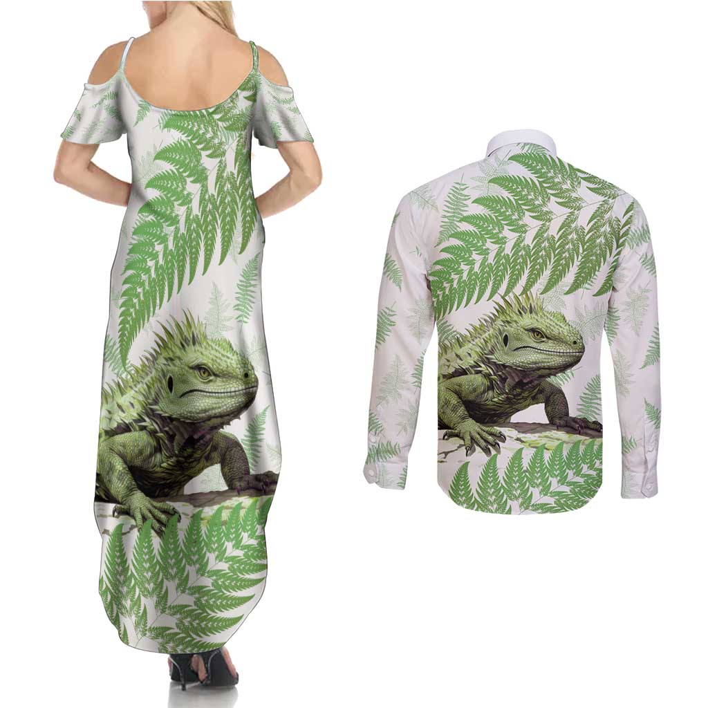 Green New Zealand Tuatara Couples Matching Summer Maxi Dress and Long Sleeve Button Shirt Aotearoa Sphenodon Punctatus Silver Fern LT14 - Polynesian Pride