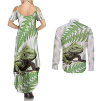 Green New Zealand Tuatara Couples Matching Summer Maxi Dress and Long Sleeve Button Shirt Aotearoa Sphenodon Punctatus Silver Fern LT14 - Polynesian Pride